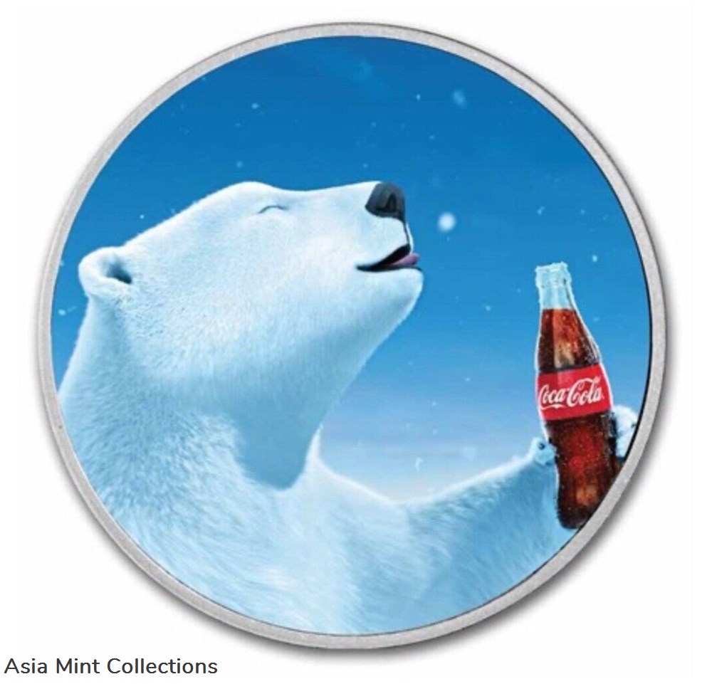 Coca-Cola® 1 oz Silver Polar Bear Colorized Round In TEP & Blue Velvet Gift Bag 3 coins ingots bullion coin coca cola 1 oz silver polar bear colorized round in tep blue velvet gift bag