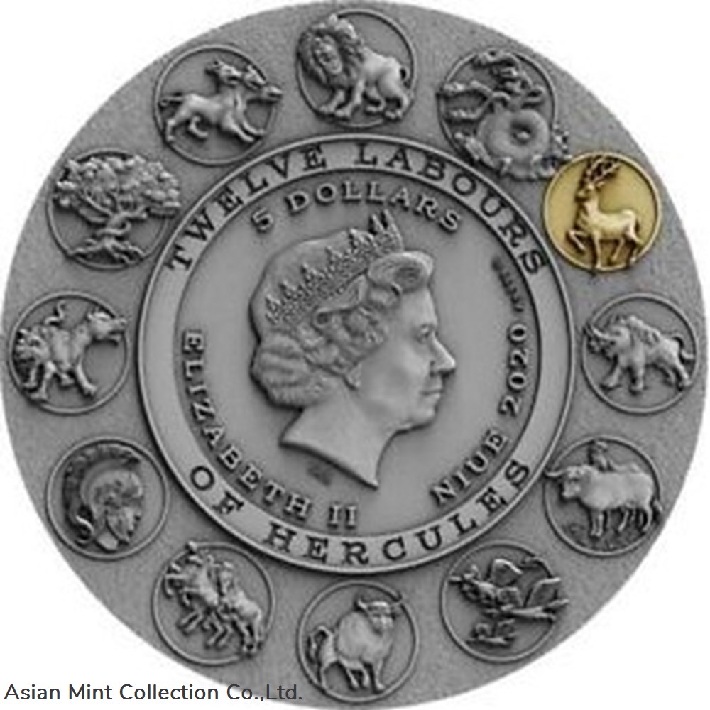 2020 - Twelve Labours of Hercules - Ceryneian Hind - $5 silver coin with Gold plated 24K 2 oz 3 coins ingots bullion 2020 twelve labours of hercules ceryneian hind 5 silver coin with gold plated 24k 2 oz