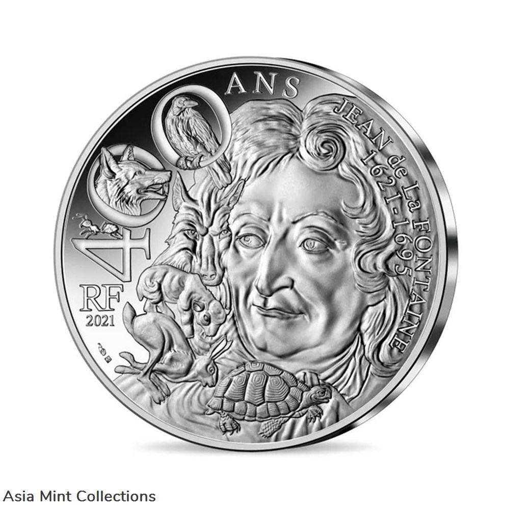 2021 - CURRENCY OF € 10 MONEY - 400 YEARS OF JEAN DE LA FONTAINE coins ingots bullion silver coin 2021 currency of 10 money 400 years of jean de la fontaine