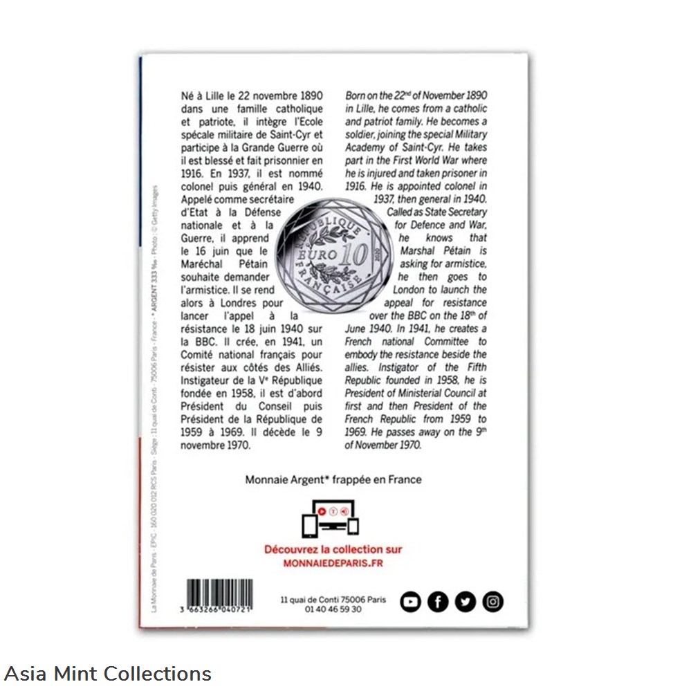 2020 - 10 euro France silver – Charles de Gaulle 5 coins ingots bullion coin 2020 10 euro france silver charles de gaulle