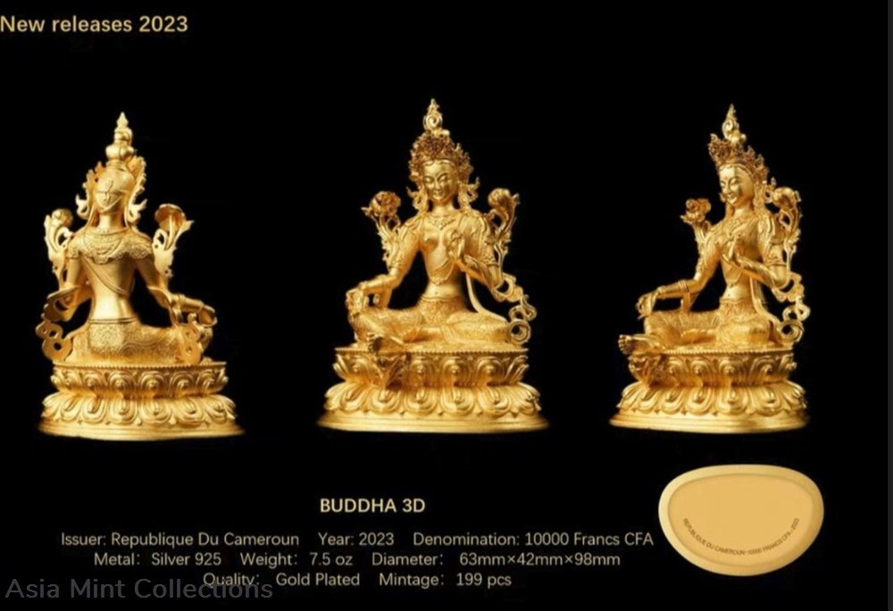 2023 Republic Cameroon 10000 Francs BUDDHA 3D Figurine 7.5oz (233gram) Silver Gilded Proof Coin 5 coins ingots bullion gold 2023 republic cameroon 10000 francs buddha 3d figurine 7 5oz 233gram silver gilded proof coin