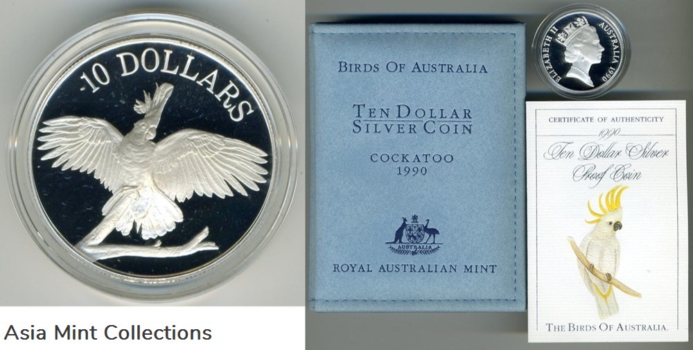 1990 SILVER PROOF $10 COIN - BIRDS OF AUSTRALIA - WHITE COCKATOO coins ingots bullion 1990 silver proof 10 coin birds of australia white cockatoo