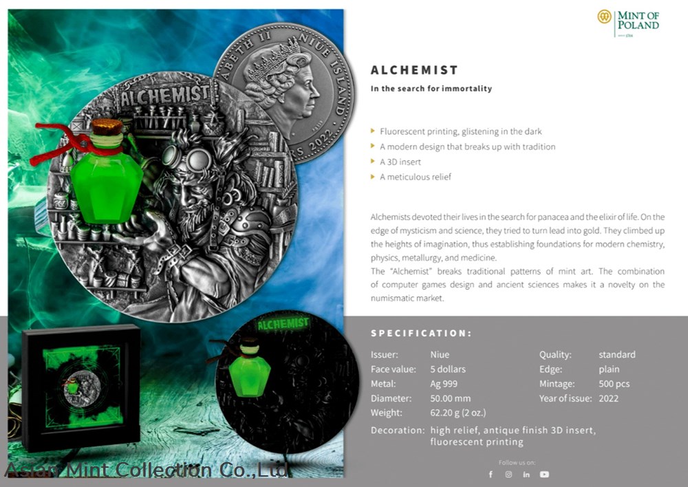 coins ingots bullion 2022 niue alchemist 2oz silver fluorescent printed coin