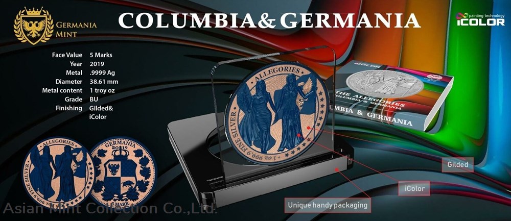 coins ingots bullion 2019 5 mark columbia germania gilded dark blue 1 oz silver coin