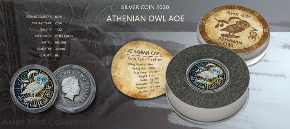 2020 - $2 Niue Athenian Owl Swarovski Eyes - Blue Eyes 4 coins ingots bullion silver coin 2020 2 niue athenian owl swarovski eyes blue eyes