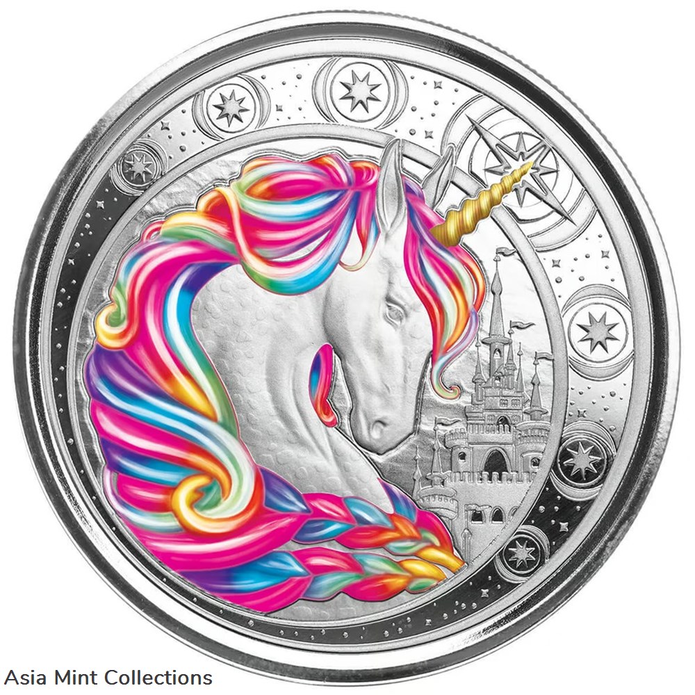 2023 - Ghana Unicorn ""Blossom"" 1oz Silver 999 Color with Certi Log Coincard 2 coins ingots bullion ingot 2023 ghana unicorn blossom 1oz silver 999 color with certi log coincard