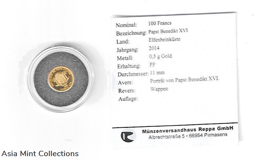 2014 - Gold - Ivory Coast 100 francs gold PP Pope Benedict XVI 3 coins ingots bullion ingot 2014 gold ivory coast 100 francs gold pp pope benedict xvi