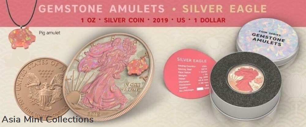 2019 - 1 Oz Silver Coin American Eagle $1 Year of The Pig Amulet Opal Stone 5 coins ingots bullion 2019 1 oz silver coin american eagle 1 year of the pig amulet opal stone
