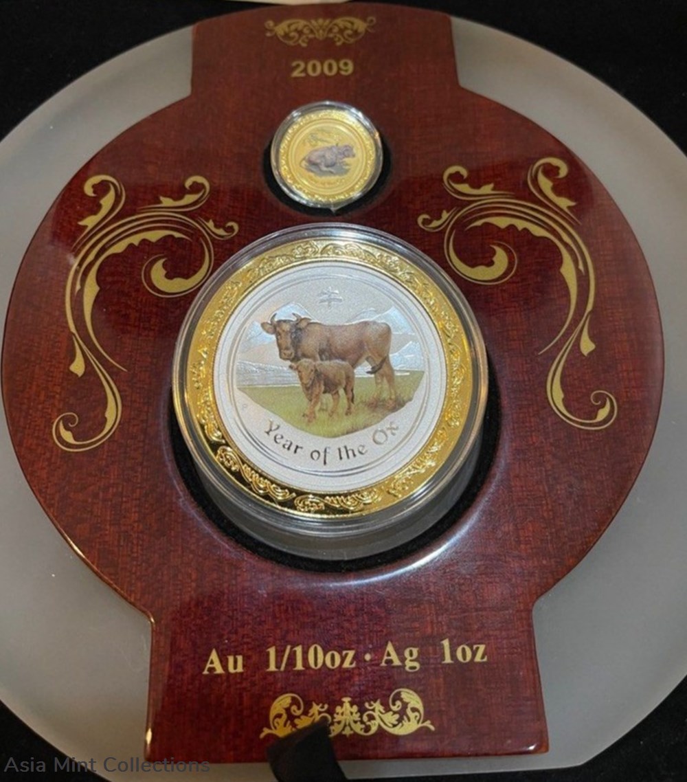 2009 Australia Lunar Year of OX Gold and Silver Coloured Set coins 2009 australia lunar year of ox gold and silver coloured set