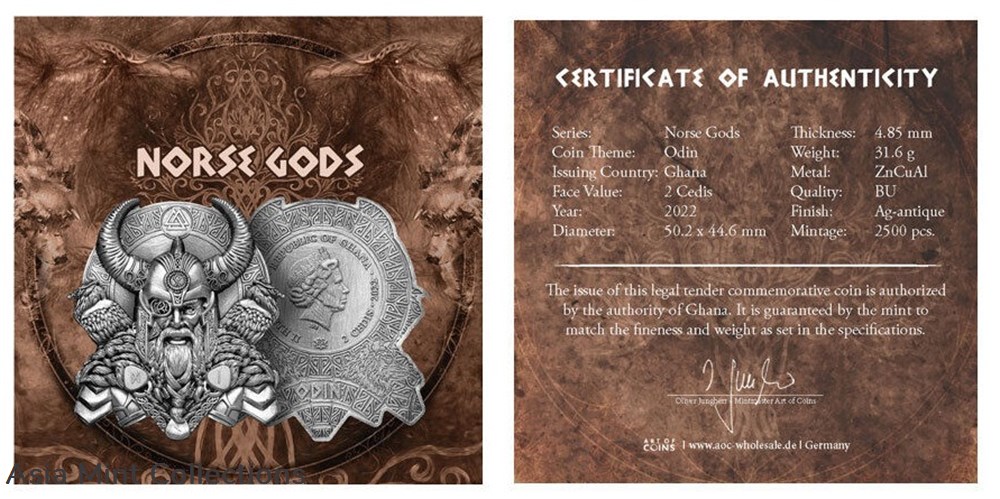 2022 - Ghana Norse Gods Odin Ultra High Relief Silver Plated Antiqued GH¢2 Coin 4 coins ingots bullion 2022 ghana norse gods odin ultra high relief silver plated antiqued gh 2 coin