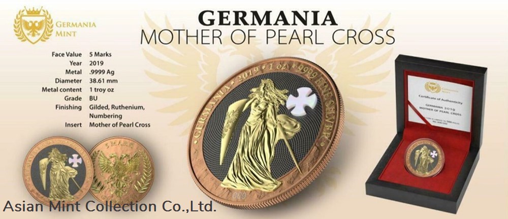 2019 - Germania Mother of Pearl Cross 1oz Silver BU Coin 5 coins ingots bullion 2019 germania mother of pearl cross 1oz silver bu coin