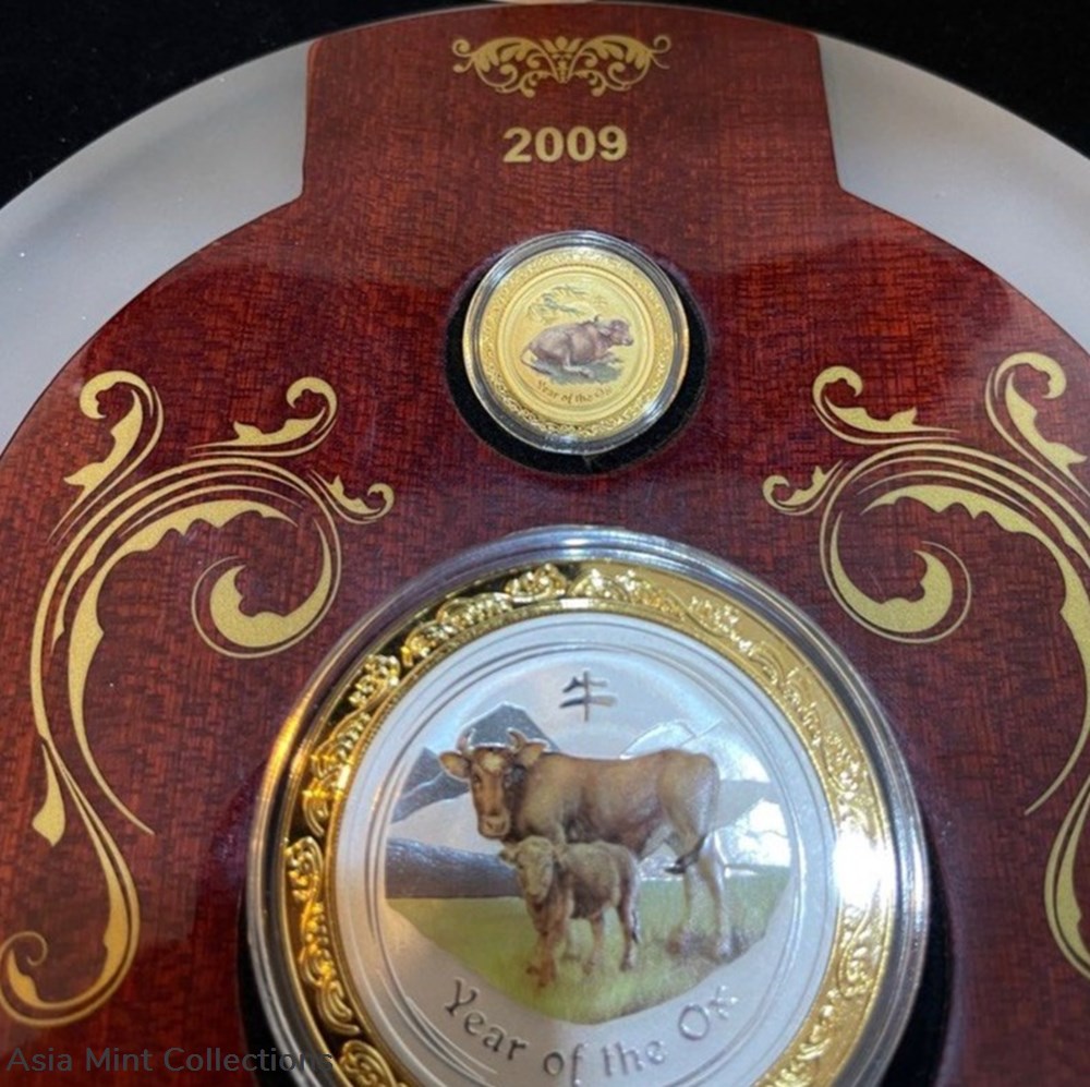 2009 Australia Lunar Year of OX Gold and Silver Coloured Set 2 coins 2009 australia lunar year of ox gold and silver coloured set