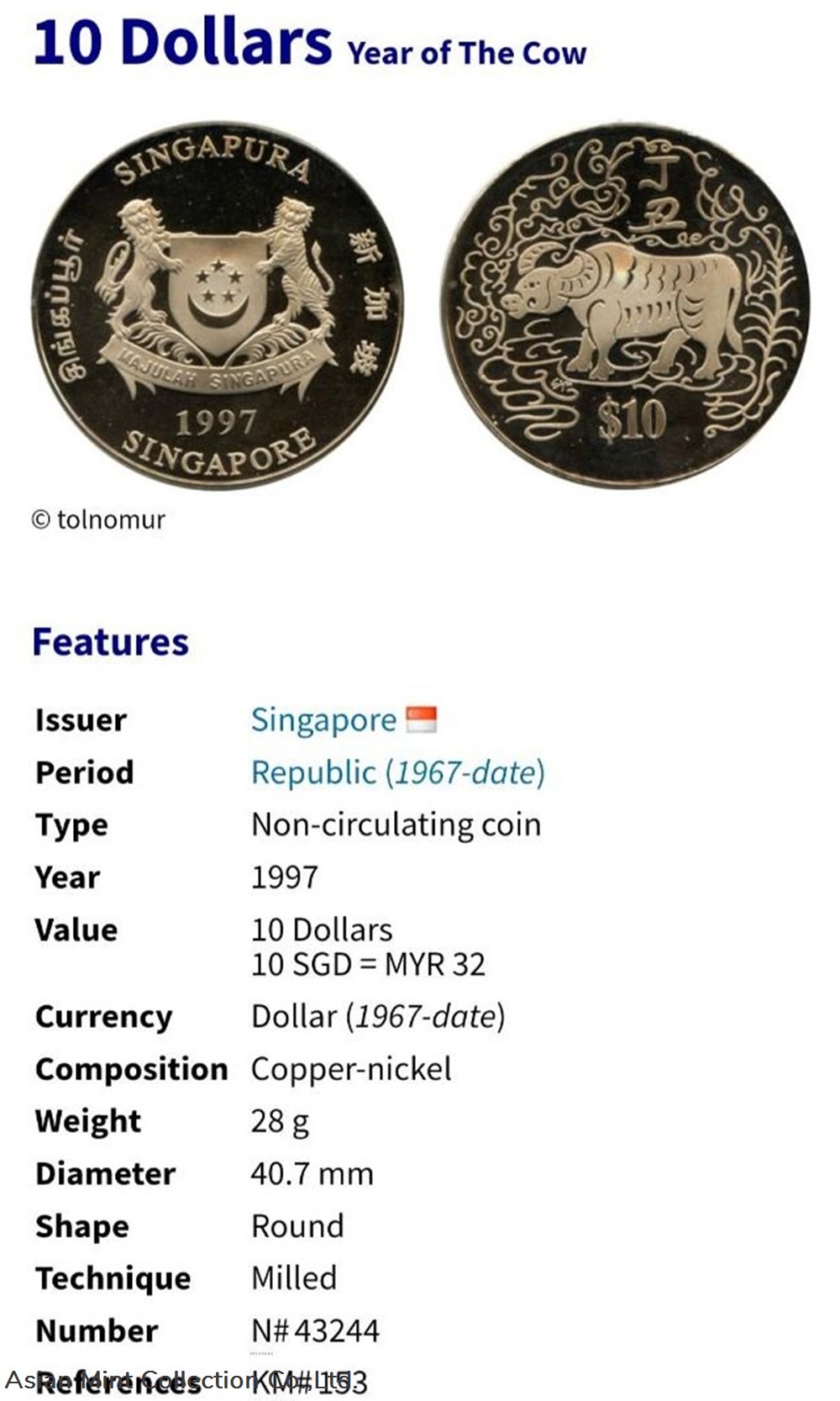 coins world 1997 singapore 10 dollar year of the cow copper nickel 40 7mm