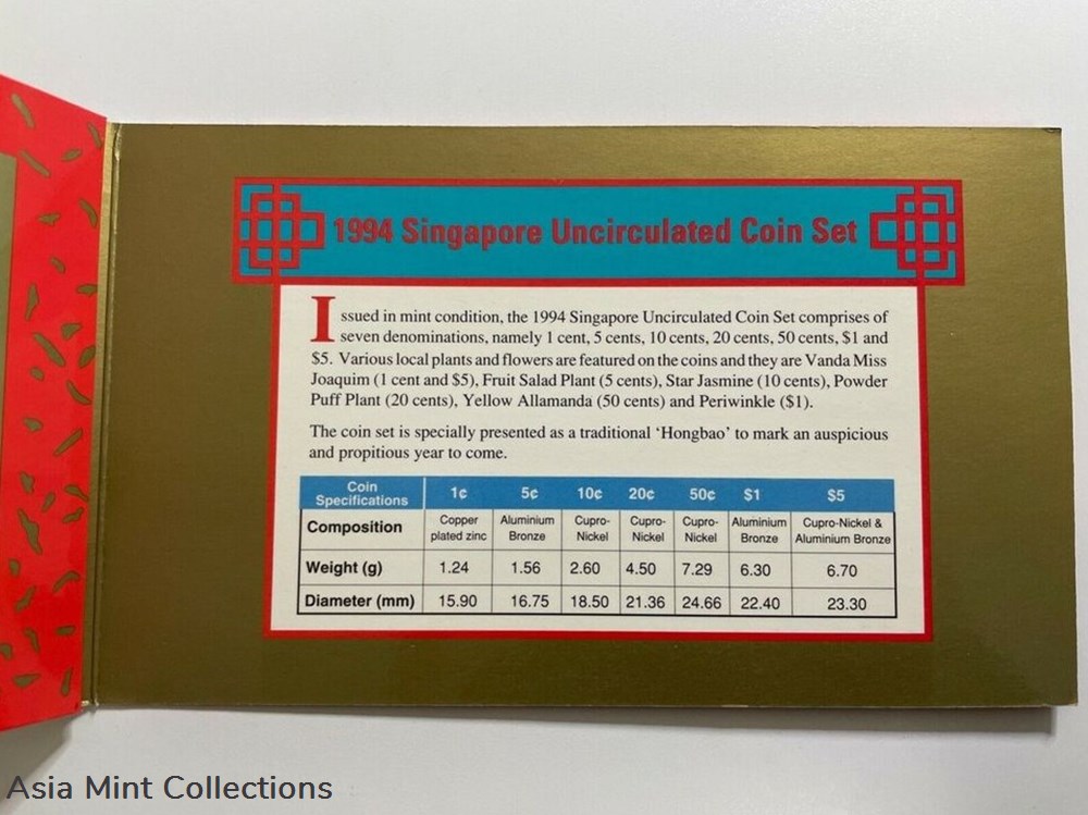 1994 Singapore uncirculated coin set.Hongbao pack 5 coins ingots bullion copper 1994 singapore uncirculated coin set hongbao pack