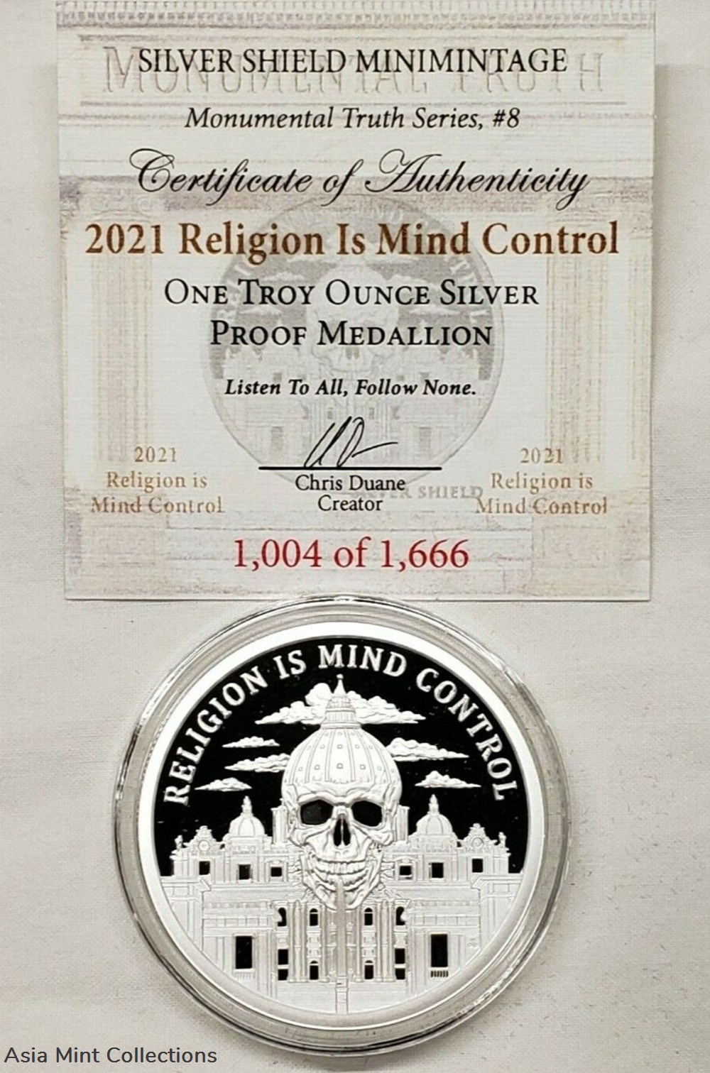 2021 - 1oz Religion Is Mind Control Silver Shield Proof Coin 4 coins ingots bullion 2021 1oz religion is mind control silver shield proof coin