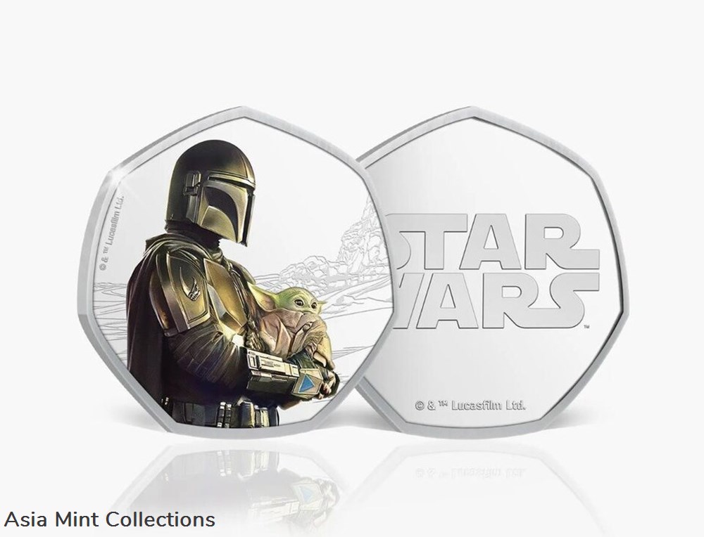 Star Wars the Mandalorian & Baby Yoda Grogu 50p Shaped Coins In Display Box New 3 ingots bullion silver star wars the mandalorian baby yoda grogu 50p shaped coins in display box new