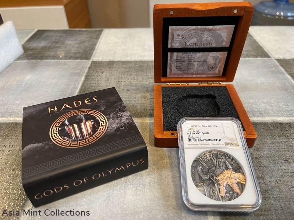 2018 NIUE $5 Gods of Olympus Hadez 2 Oz Silver High Relief Coin with Rose Gold - NGC-MS69 7 coins ingots bullion 2018 niue 5 gods of olympus hadez 2 oz silver high relief coin with rose gold ngc ms69