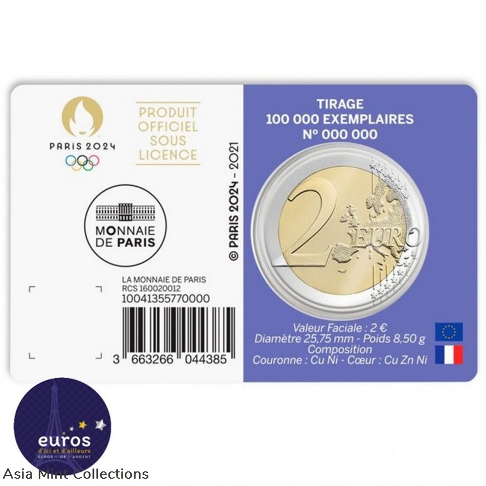 coins ingots bullion copper 2021 2 euro commemorative coincard france paris 2024 olympic games universal brilliant purple