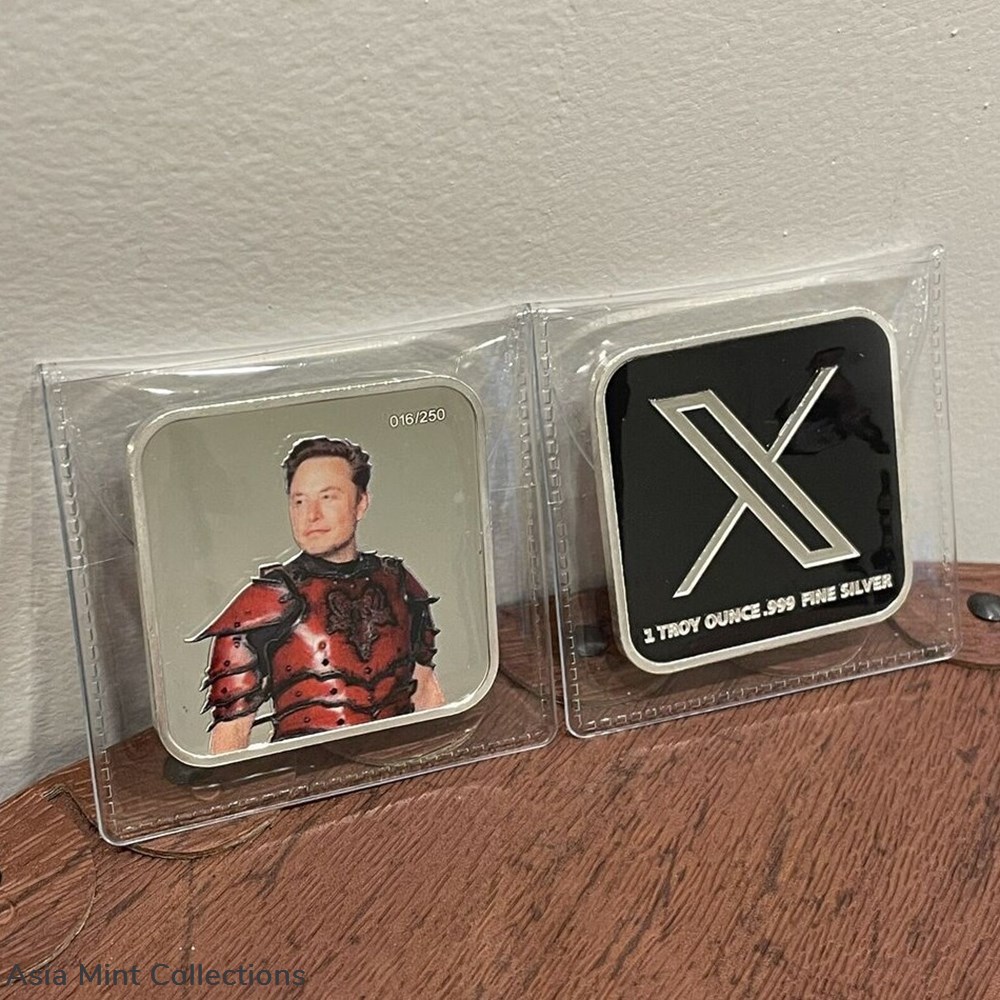 2023 - 1 OZ .999 Fine Silver Square Bar Colorized Elon Musk X Logo Back - Ltd Ed. #/250 5 coins ingots bullion coin 2023 1 oz 999 fine silver square bar colorized elon musk x logo back ltd ed 250