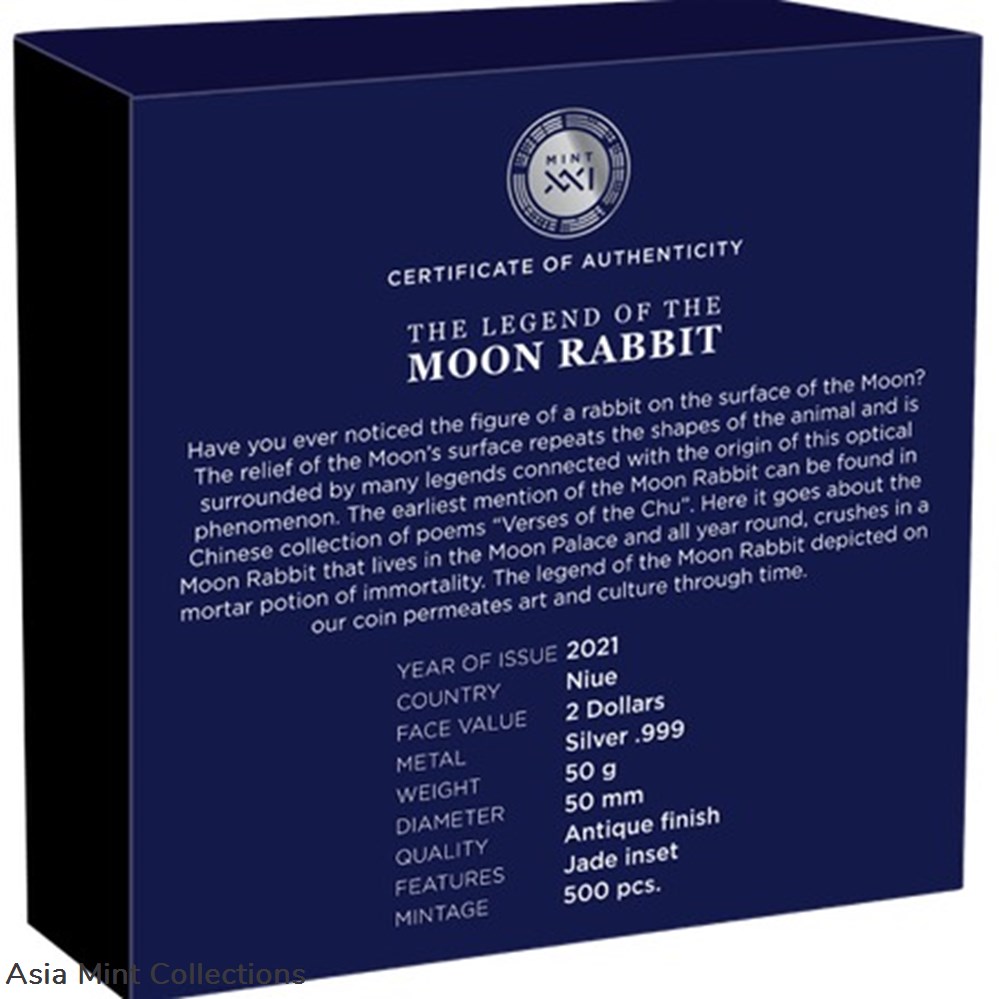 2021 - Moon Rabbit 50 g Antique finish Silver Coin 2$ Niue 6 coins ingots bullion 2021 moon rabbit 50 g antique finish silver coin 2 niue