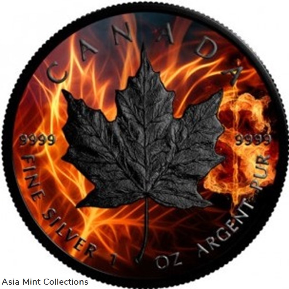 2018 Burning Maple Leaf, Colorized & Ruthenium Plated Coin coins ingots bullion silver 2018 burning maple leaf colorized ruthenium plated coin