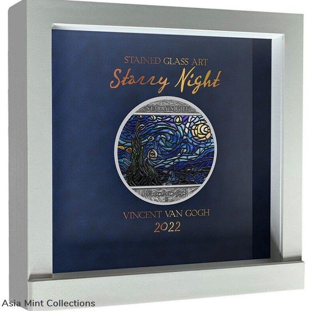 2022 - Starry Night Vincent Van Gogh Stained Glass Art 2 oz Silver Coin Ghana 4 coins ingots bullion 2022 starry night vincent van gogh stained glass art 2 oz silver coin ghana