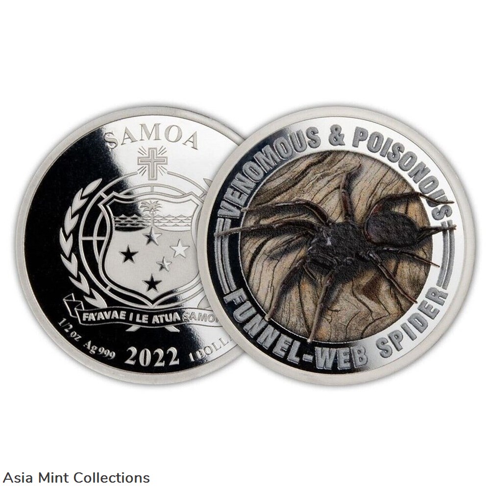 coins ingots bullion 2022 samoa venomous poisonous funnel web spider 1 2 oz silver colorized coin