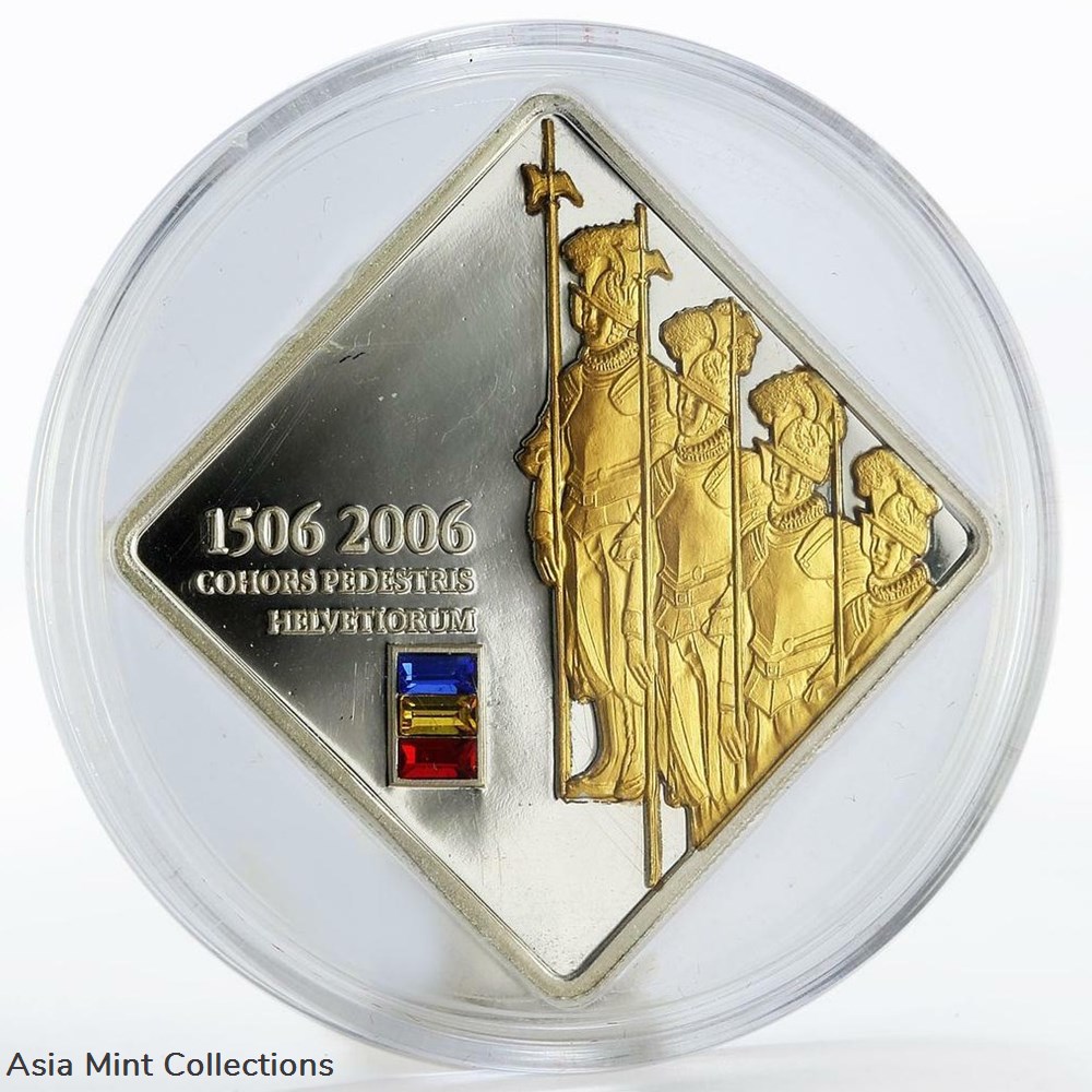 2006 - silver swiss guard application of gold Swarowski coins ingots bullion coin 2006 silver swiss guard application of gold swarowski