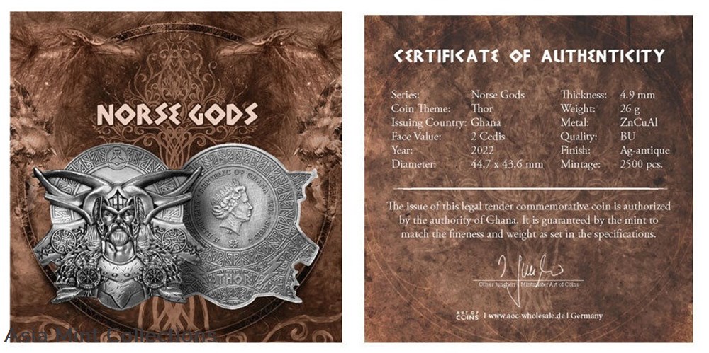 2022 - Ghana Norse Gods Thor Ultra High Relief Silver Plated Antiqued GH¢2 Coin 4 coins ingots bullion 2022 ghana norse gods thor ultra high relief silver plated antiqued gh 2 coin