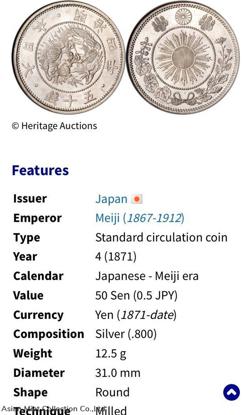 coins world 1871 m4 japan 50 sen dragon 31mm silver 800