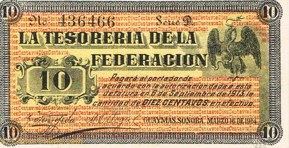 Mexique-10 centavos-06-09-1913-Guyamas Sonora billets mexique 10 centavos 06 09 1913 guyamas sonora