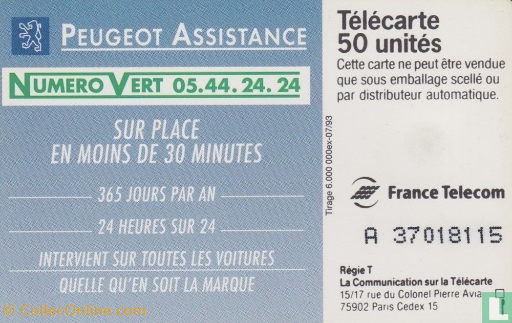 France- Peugeot Assistance- Solaïque 03 (1990) divers telecartes cartes telephoniques france peugeot assistance solaique 03 1990