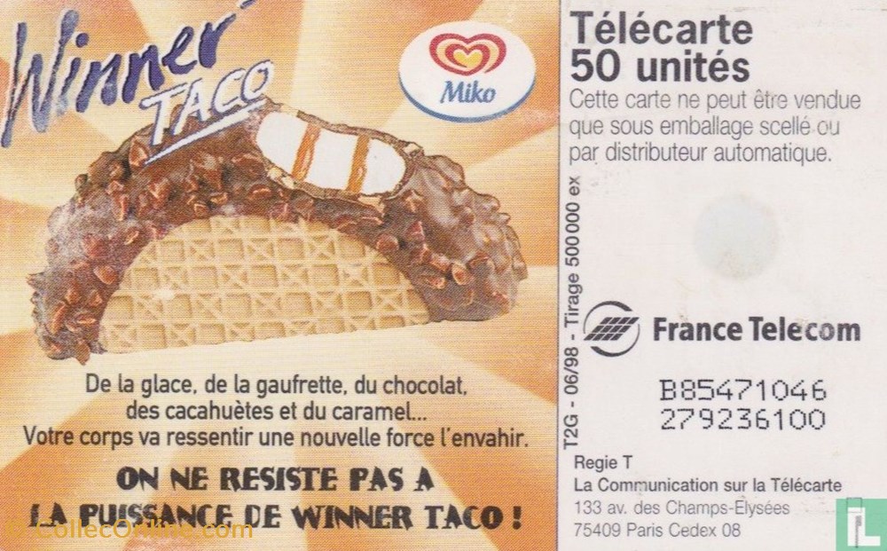 France- Miko Winner Taco- Gemplus 03.1 (1990) divers telecartes cartes telephoniques france miko winner taco gemplus 03 1 1990