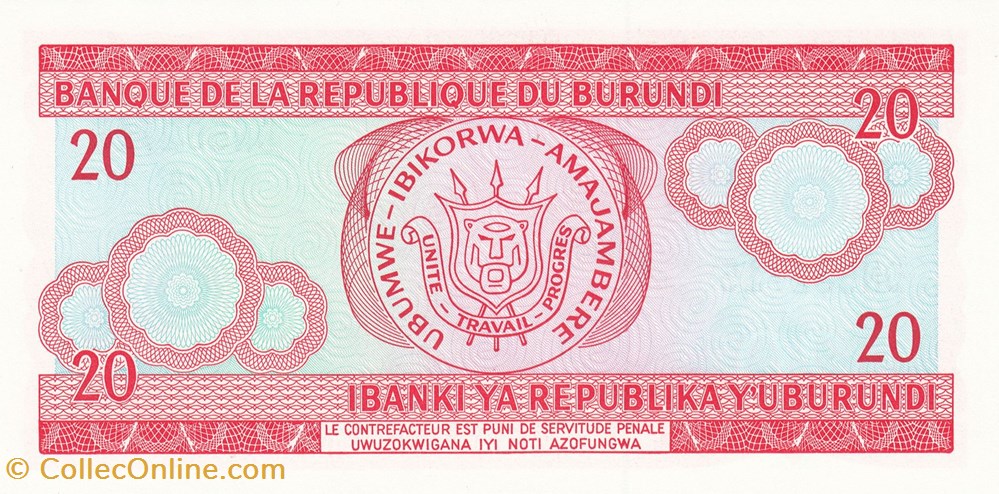 Burundi-20 francs 1997 billets burundi 20 francs 1997