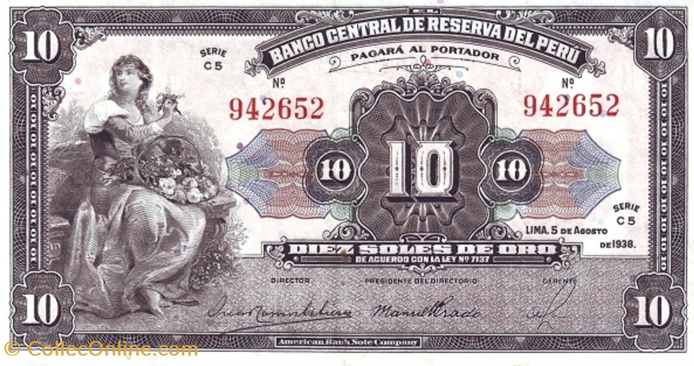 Pérou-10 soles de Oro-08-09-1939 billets perou 10 soles de oro 08 09 1939