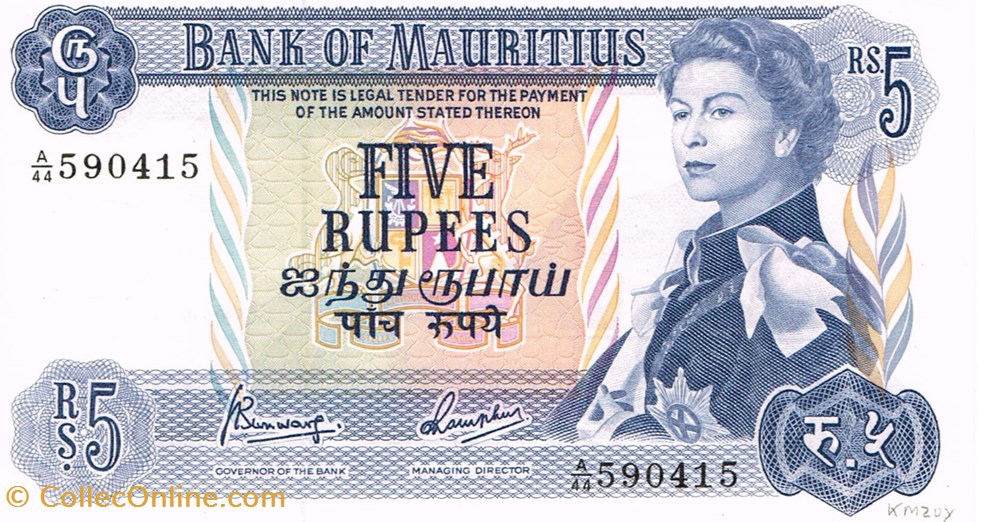Maurice-5 rupees 1967-1982 billets maurice 5 rupees 1967 1982