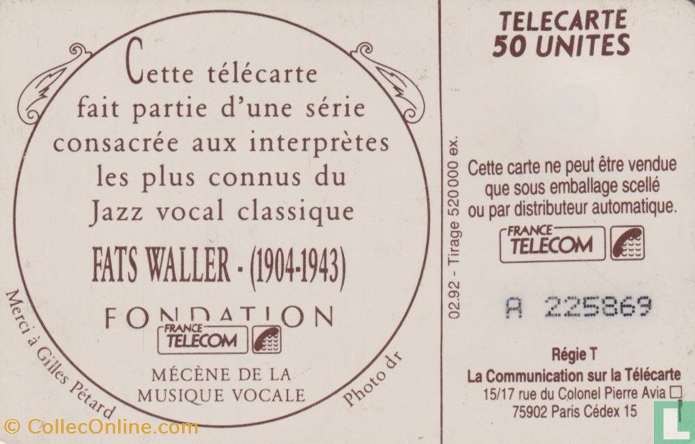 France- Fats Waller- Solaïque 03 (1990) divers telecartes cartes telephoniques france fats waller solaique 03 1990