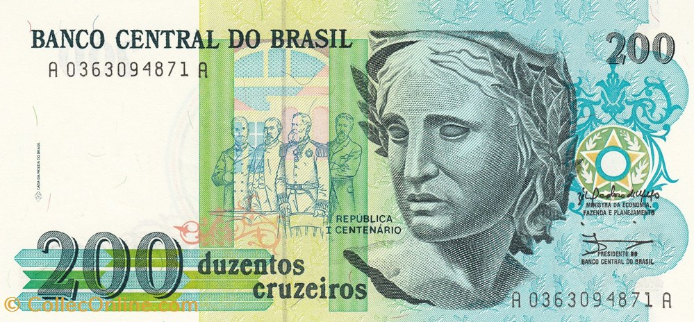 Brésil-200 cruzeiros 1990 billets bresil 200 cruzeiros 1990