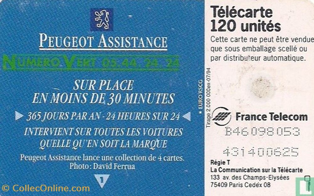France- Peugeot Assistance- Gemplus 01.1 (1988) divers telecartes cartes telephoniques france peugeot assistance gemplus 01 1 1988