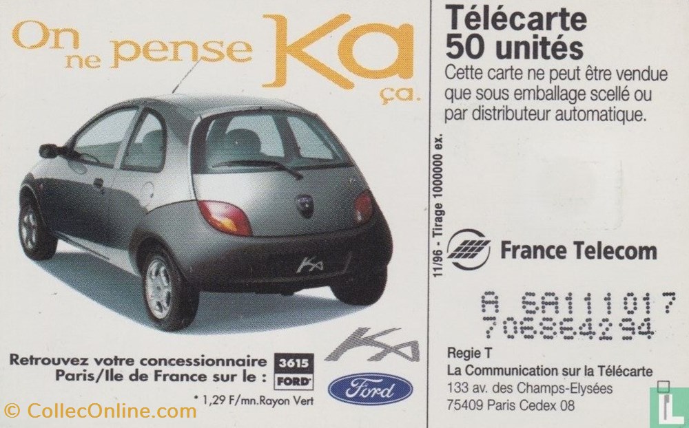 divers telecartes cartes telephoniques france ford ka solaique 03 1990