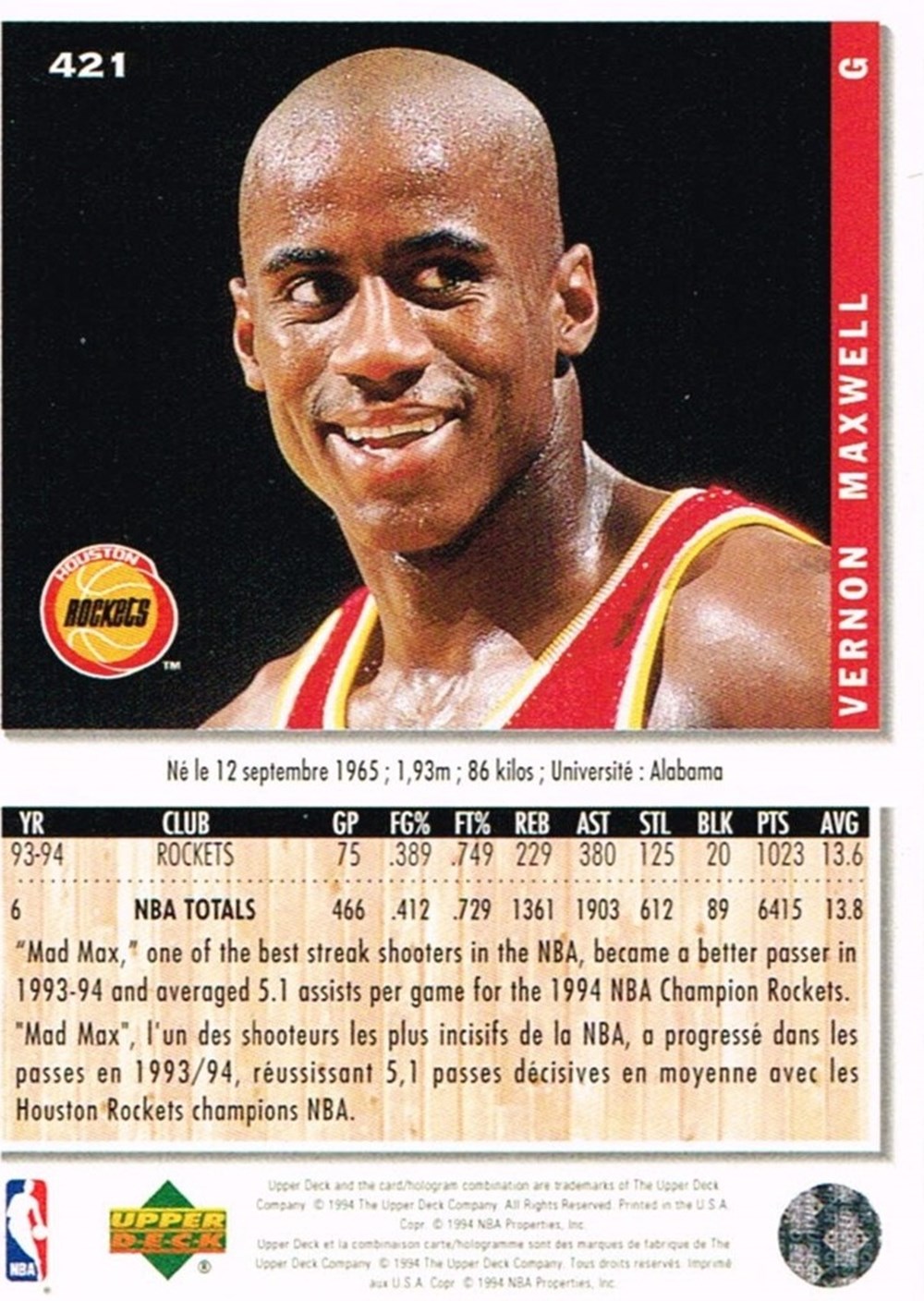 sport olympisme sports collectifs basketball nba 1994 vernon maxwell rockets
