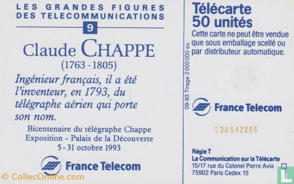 France- Claude Chappe- Schlumberger 07.1 (1992) divers telecartes cartes telephoniques france claude chappe schlumberger 07 1 1992