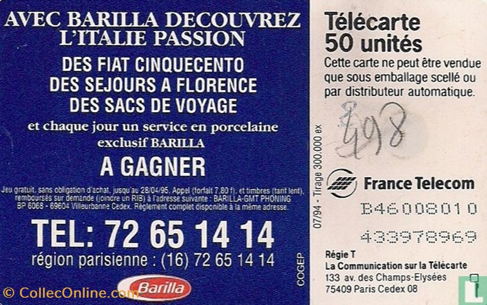 divers telecartes cartes telephoniques france barilla spaghetti gemplus 01 1 1988