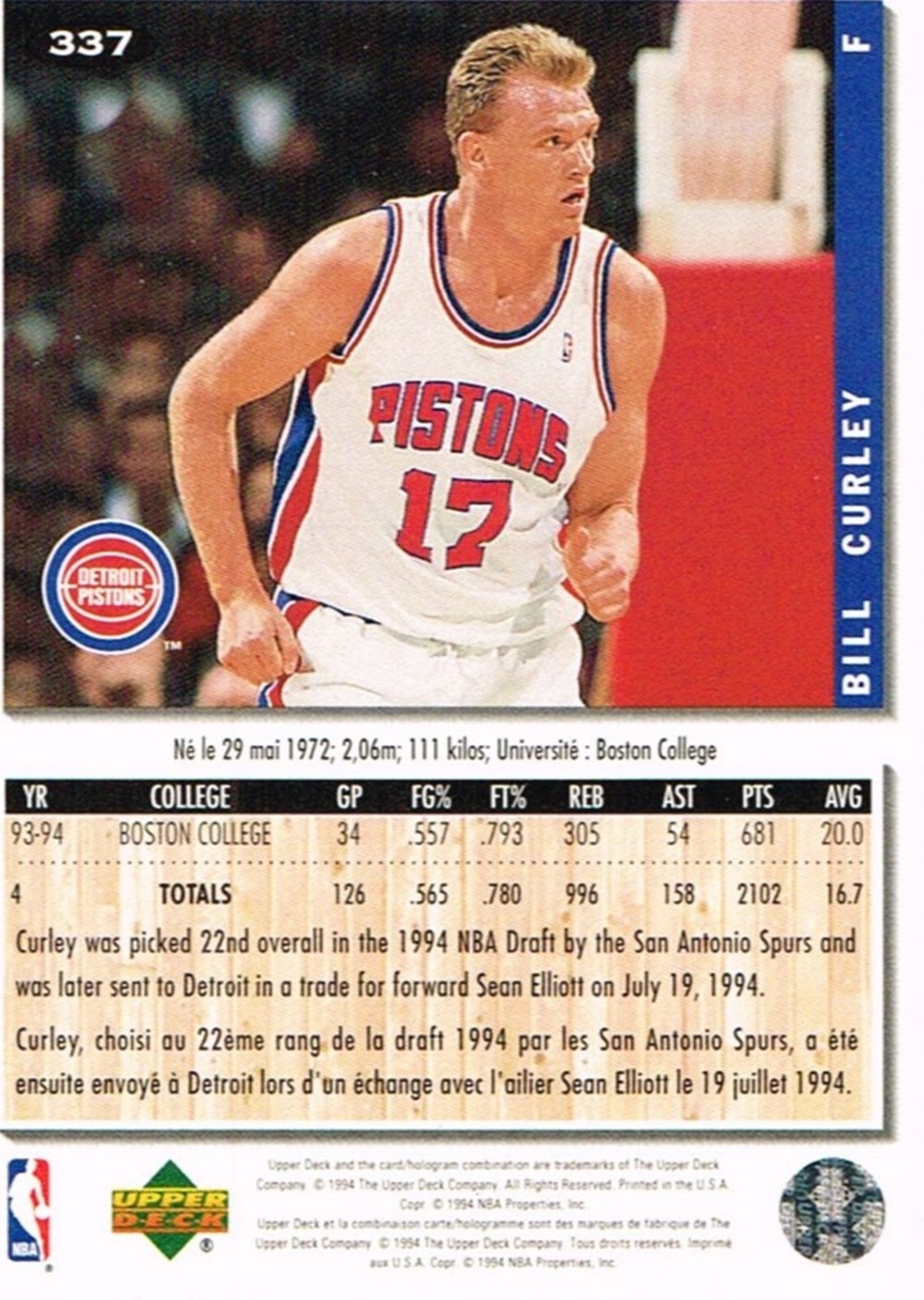 NBA 1994- Bill Curley-Pistons - Sport & Olympism - Team sports