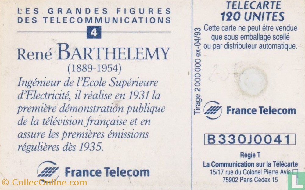 France- René Barthelemy- Gemplus 01.1 (1988) divers telecartes cartes telephoniques france rene barthelemy gemplus 01 1 1988