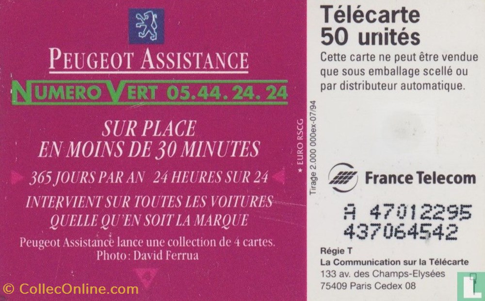 France- Peugeot Assistance- Solaic 06 (1993) divers telecartes cartes telephoniques france peugeot assistance solaic 06 1993