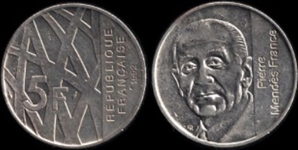 5 Francs Pierre Mendés France 1992 monnaies 5 francs pierre mendes france 1992