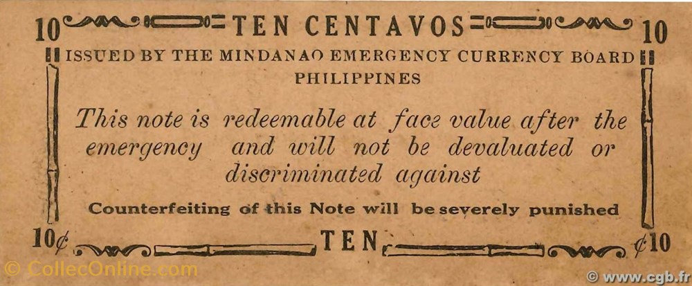 Philippines-10 centavos 1943-Mindanao billets philippines 10 centavos 1943 mindanao
