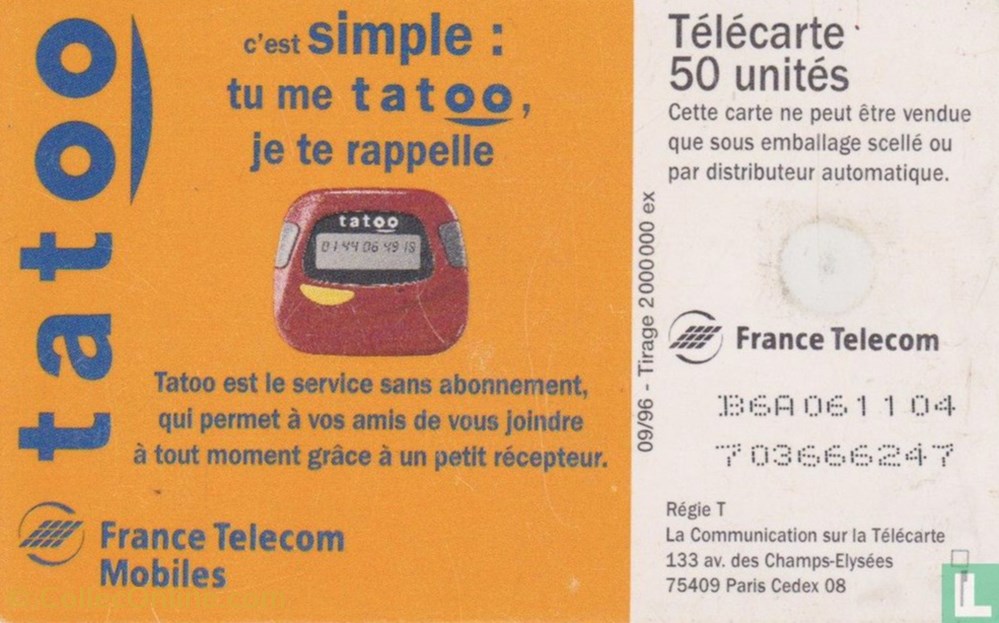 France- Tatoo- Gemplus 01.2 divers telecartes cartes telephoniques france tatoo gemplus 01 2