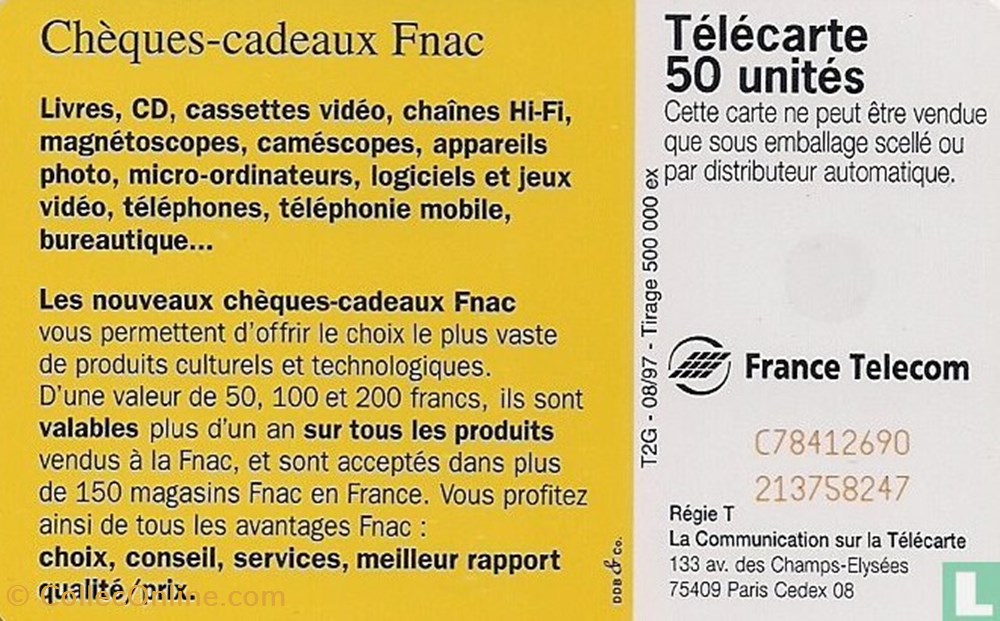 France- Fnac - Chèques-cadeaux- Schlumberger 07.1 (1992) divers telecartes cartes telephoniques france fnac cheques cadeaux schlumberger 07 1 1992